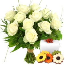 White roses + chocolate (10 White roses and leaf material + 140 grams of chocolate flowers)